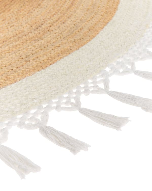 Gulvtæppe Beige Hvid Jute ø 200 cm Rund Natur Tæppe Mønster Rustik Boho Stil Fladvævet Flettet til Stuen Entré Indretning Tilbehør