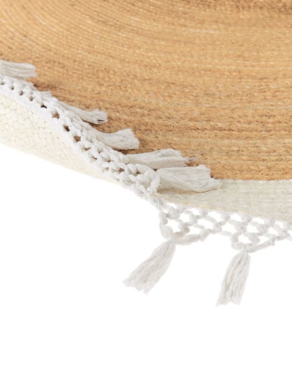 Gulvtæppe Beige Hvid Jute ø 200 cm Rund Natur Tæppe Mønster Rustik Boho Stil Fladvævet Flettet til Stuen Entré Indretning Tilbehør