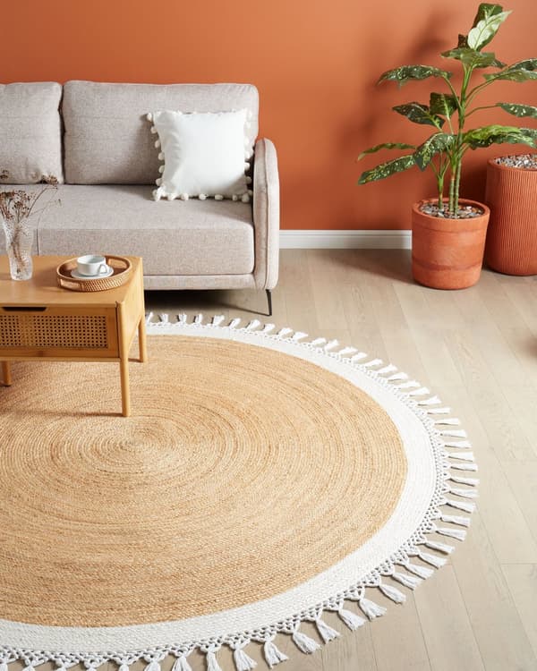 Gulvtæppe Beige Hvid Jute ø 200 cm Rund Natur Tæppe Mønster Rustik Boho Stil Fladvævet Flettet til Stuen Entré Indretning Tilbehør