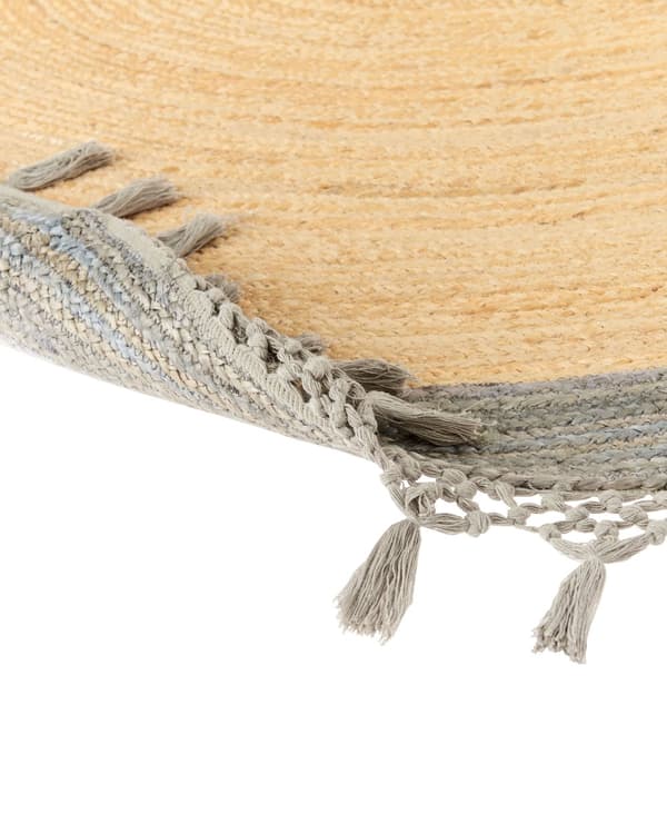 Beige med gråt rundt jutetæppe 200 cm boho rustik naturlig stue soveværelse spisestue håndflettet