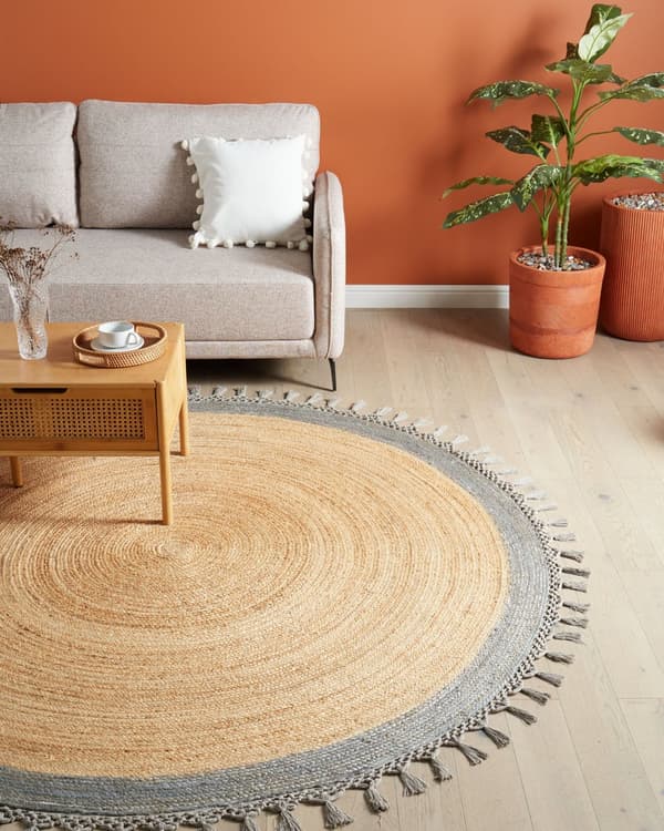Beige med gråt rundt jutetæppe 200 cm boho rustik naturlig stue soveværelse spisestue håndflettet