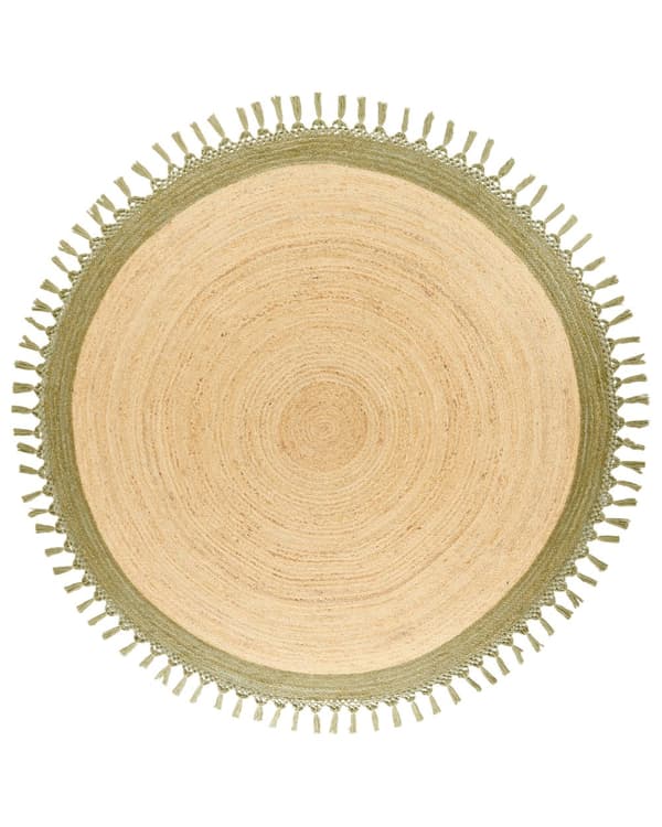 Gulvtæppe Beige Grøn Jute ø 200 cm Rund Natur Tæppe Mønster Rustik Boho Stil Fladvævet Flettet til Stuen Entré Indretning Tilbehør