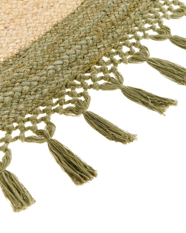 Gulvtæppe Beige Grøn Jute ø 200 cm Rund Natur Tæppe Mønster Rustik Boho Stil Fladvævet Flettet til Stuen Entré Indretning Tilbehør