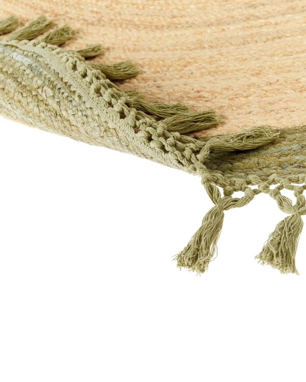 Gulvtæppe Beige Grøn Jute ø 200 cm Rund Natur Tæppe Mønster Rustik Boho Stil Fladvævet Flettet til Stuen Entré Indretning Tilbehør