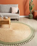Miniatyrbillede 2 af 8: Gulvtæppe Beige Grøn Jute ø 200 cm Rund Natur Tæppe Mønster Rustik Boho Stil Fladvævet Flettet til Stuen Entré Indretning Tilbehør