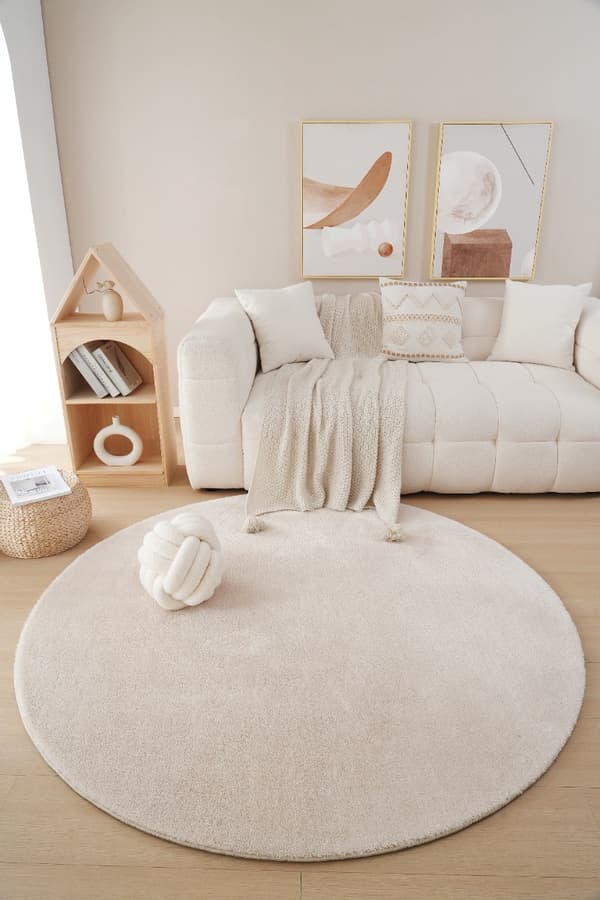 Tvättbar Mjuk Ryamatta Fluffy Beige Beige Rund 120 cm