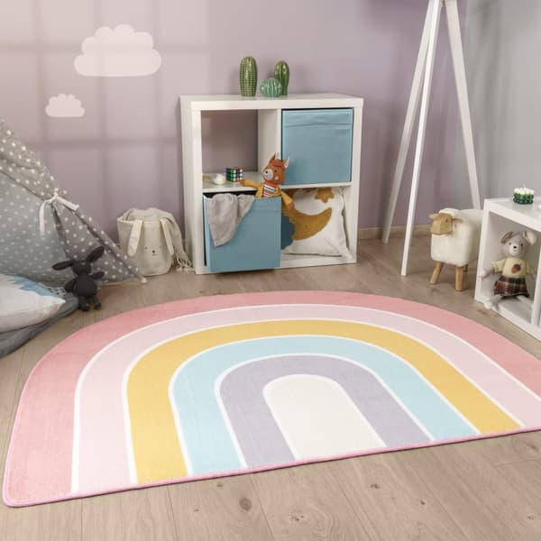 Round Kids Rug - Modern Short Pile - Mjuk, hållbar och tvättbar - Rainbow Motiv