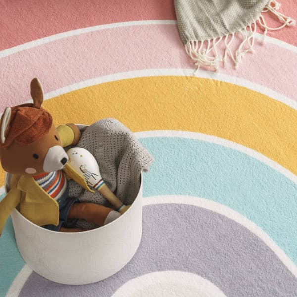 Round Kids Rug - Modern Short Pile - Mjuk, hållbar och tvättbar - Rainbow Motiv