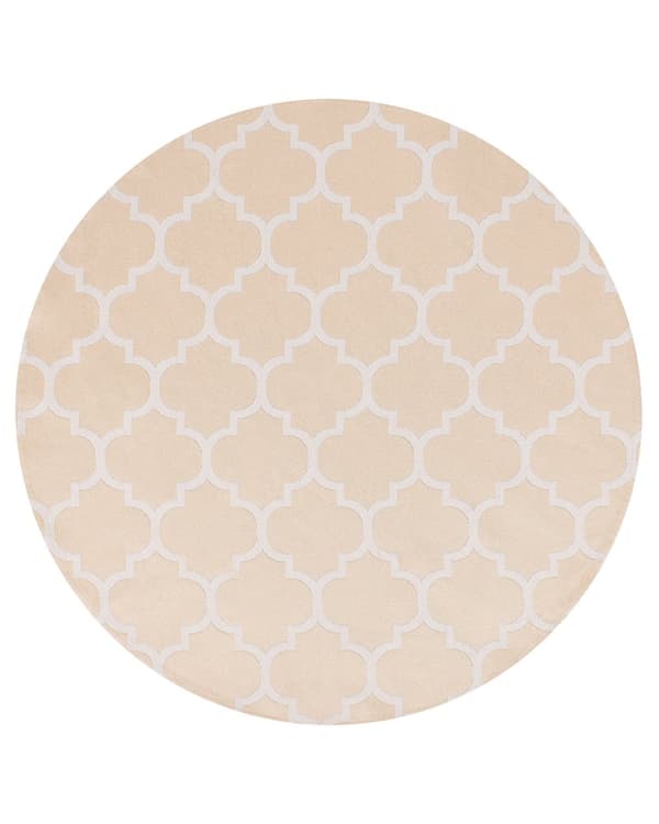 Gulvteppe Beige og Hvitt Syntetisk Materiale 120 cm Innendørs Utendørs Rundt Marokkansk Trellis Mønster Moderne Balkong Uteplass