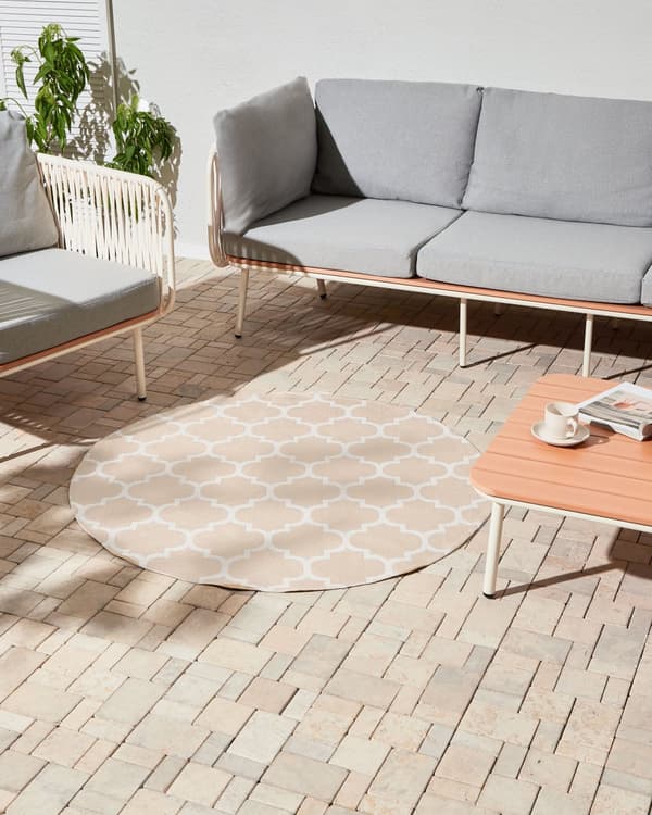 Gulvteppe Beige og Hvitt Syntetisk Materiale 120 cm Innendørs Utendørs Rundt Marokkansk Trellis Mønster Moderne Balkong Uteplass
