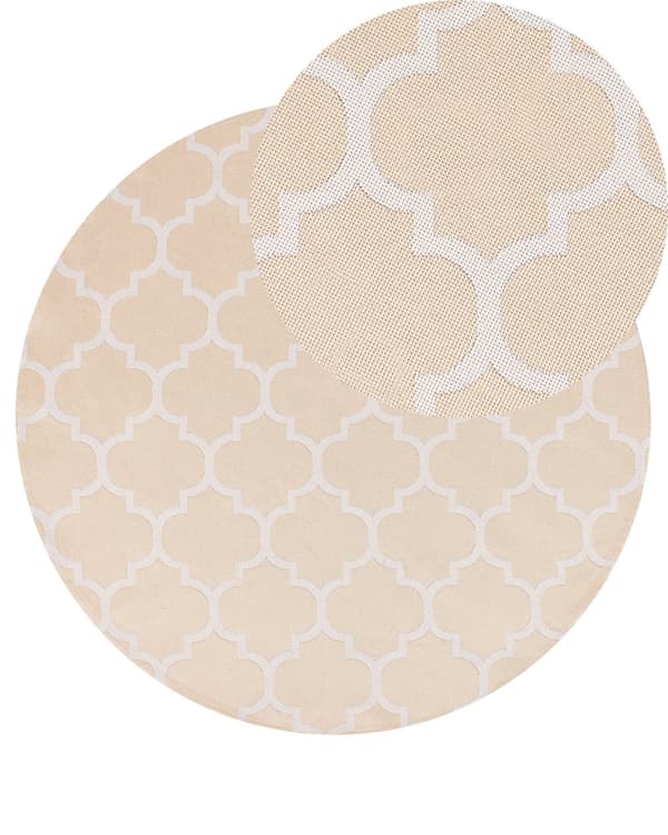 Gulvteppe Beige og Hvitt Syntetisk Materiale 120 cm Innendørs Utendørs Rundt Marokkansk Trellis Mønster Moderne Balkong Uteplass