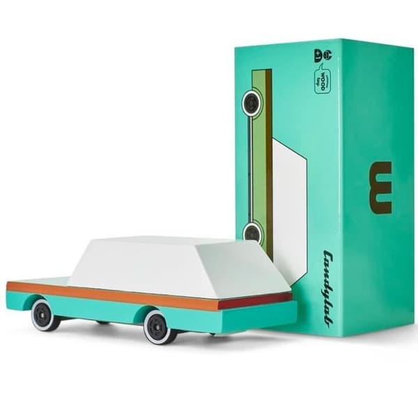 Klassiska retro träleksaksbilar och minimodeller Candylab Candycar designerfordon för barn och vuxna - Teal Wagon CN