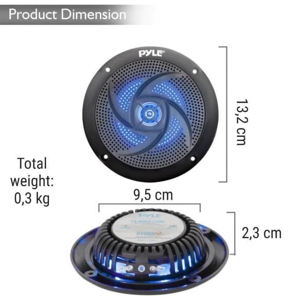 2 PYLE PLMRS43BL svarta 2-vägshögtalare diameter 4" 132 mm 50 watt rms 100 watt max med integrerade vattentäta blå lysdioder, par