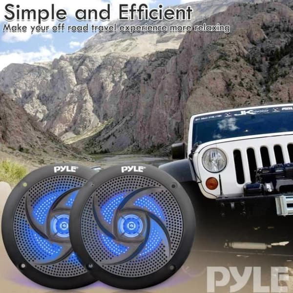 2 PYLE PLMRS43BL svarta 2-vägshögtalare diameter 4" 132 mm 50 watt rms 100 watt max med integrerade vattentäta blå lysdioder, par