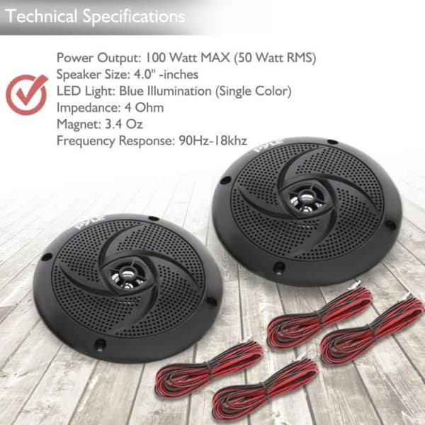 2 PYLE PLMRS43BL svarta 2-vägshögtalare diameter 4" 132 mm 50 watt rms 100 watt max med integrerade vattentäta blå lysdioder, par