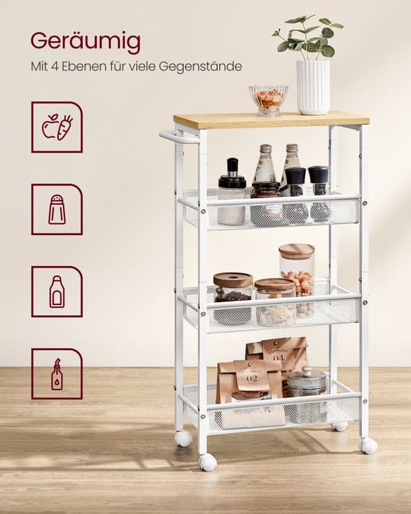 Trolley-4 Levels-On Wheels-Oak-White Handle