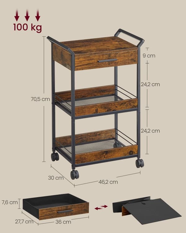Kitchen Trolley - Med 3 niveauer og hjul - Vintage Brown & Ink -Zwart