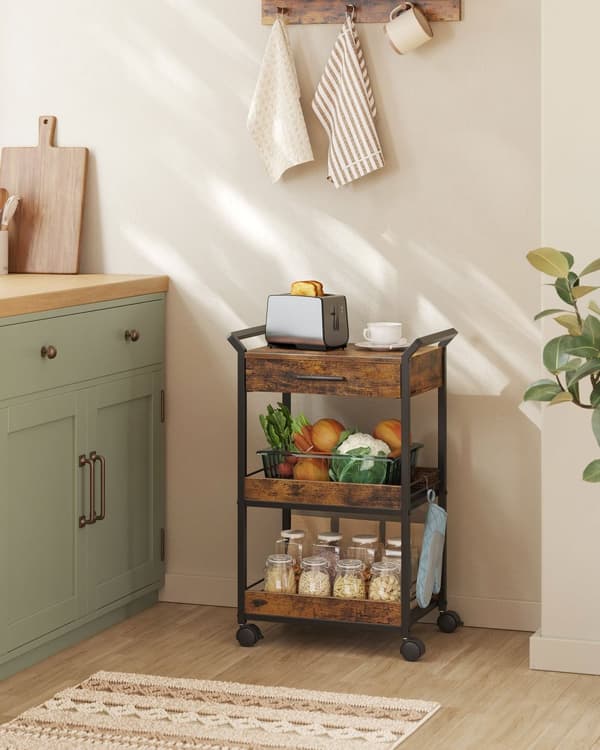 Kitchen Trolley - Med 3 niveauer og hjul - Vintage Brown & Ink -Zwart