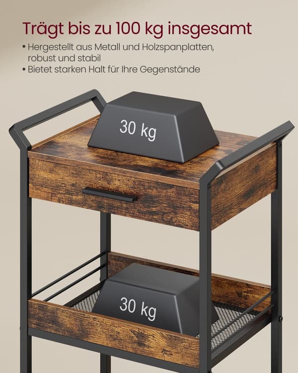 Kitchen Trolley - Med 3 niveauer og hjul - Vintage Brown & Ink -Zwart