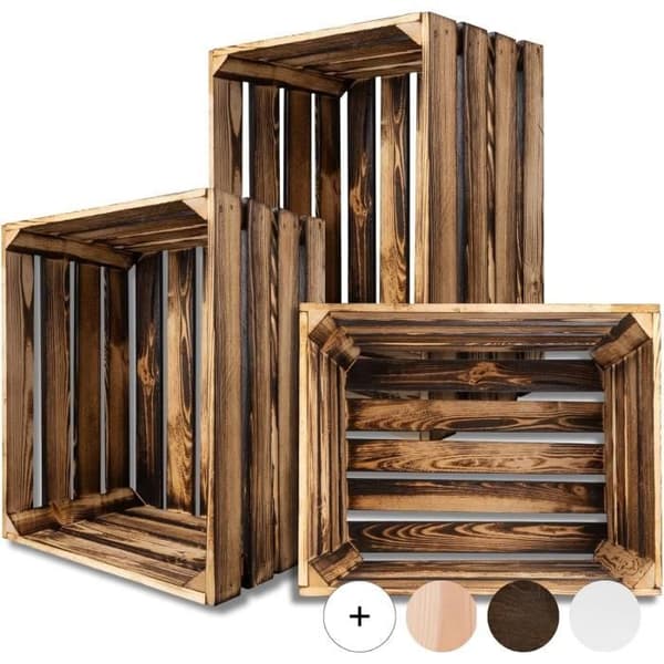 Creative Deco Set med 3 flammade trälådor | 50 x 40 x 30 cm | Förvaringslåda i trä | Vintage trälåda | Trälåda