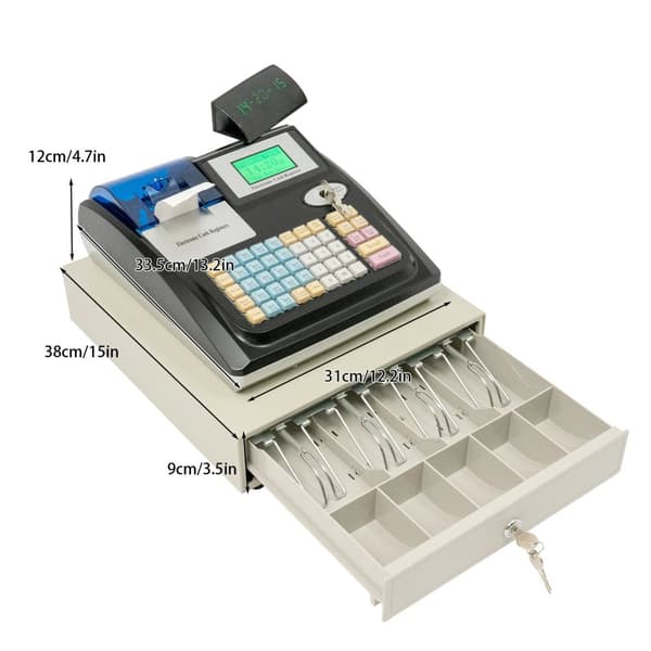 Elektronisk Kasseapparat, 48 Taster, Dobbelt Display,Hvid