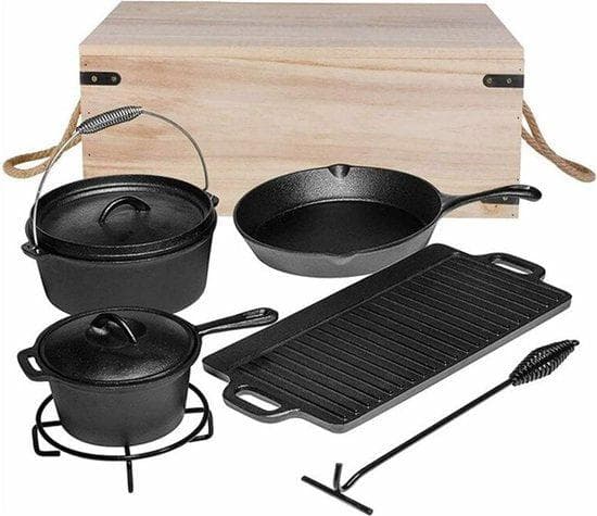 Gjutjärn 7-delat PAN Set-Wooden Box-grillplatta och rostningskålar-barbecue Pan Set-Cast-järnpanna med lock-induktion Gas Electric-Black