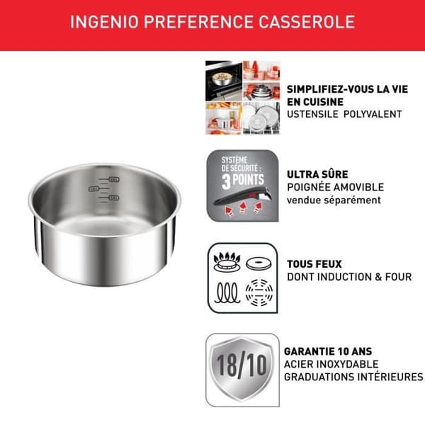 TEFAL INGENIO Preferensgryta 20 cm, Induktion, Rostfritt stål, Staplingsbar, Tål diskmaskin L8983004
