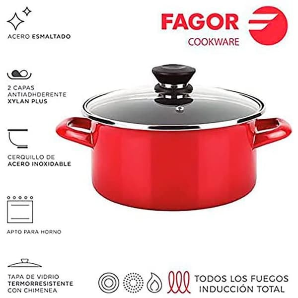 Induktionskastrull 18 cm Emaljerat stål, non-stick PFOA-fri, glaslock FAGOR Optimax Röd 00895