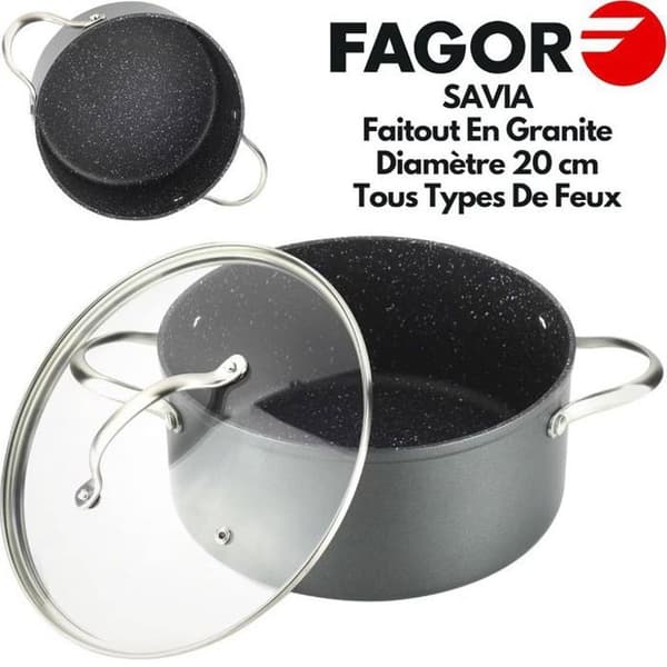 Fagor SAVIA 20 Gryta i Granit, Diameter 20 cm, Med Glaslock, Gryta i Hamrat Aluminium