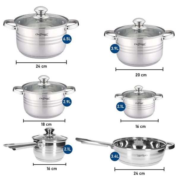 Köksset 12 Delar 4 Kastruller/1 Stekpanna/1 Kastrull med Lock Cheffinger Silver