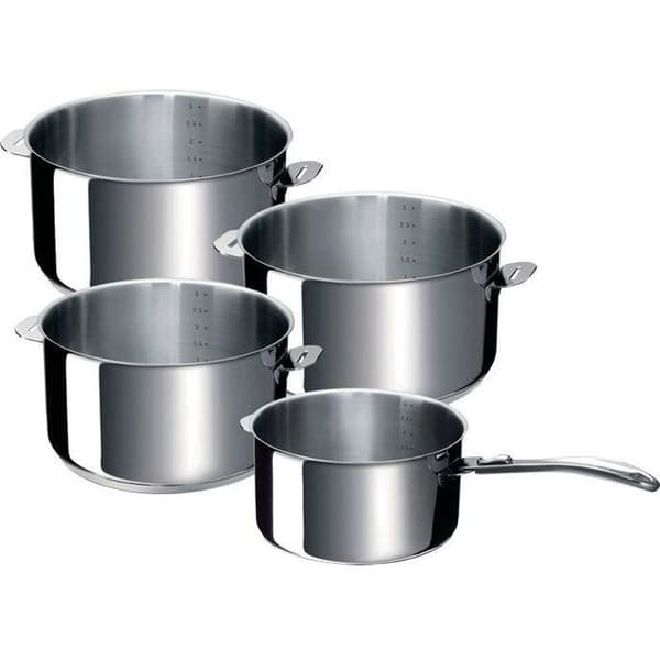 Batteri av 4 Evolution kastruller i rostfritt stål + 1 handtag - D: 14 cm till D: 20 cm