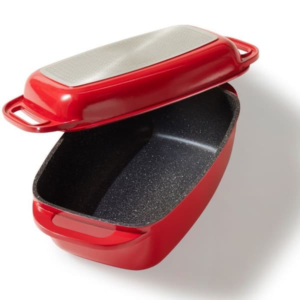 STONELINE® rektangelgryta 40 x 22 cm - Röd - med lock av induktionsgjutet aluminium - Non-stick beläggning