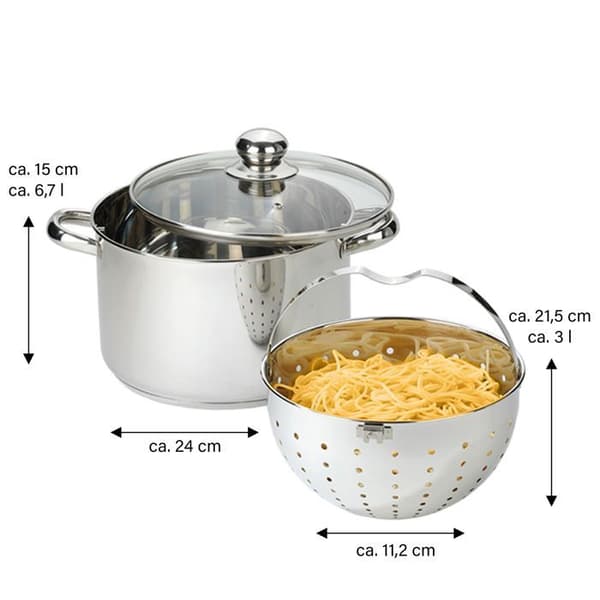 Pastagryta - BEYOND® - Rostfritt Stål - Glaslock - Avtagbar Sil - 24 cm