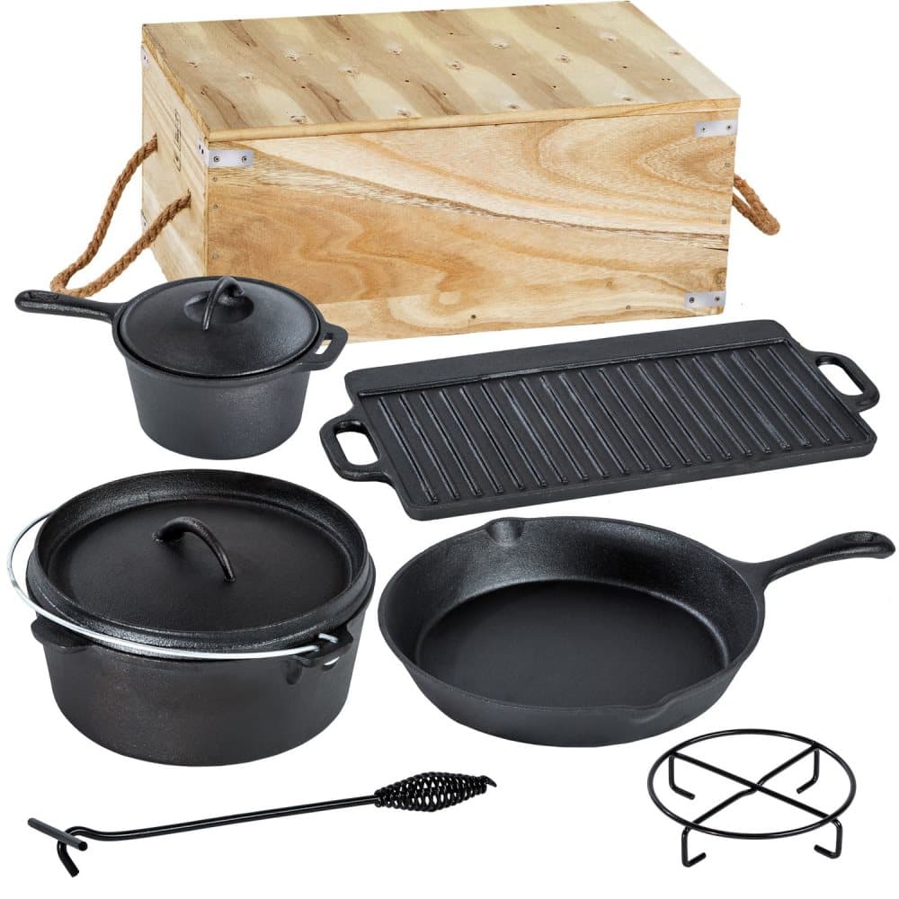 Dutch oven grytset gjutjärn i trälåda 9 delar - svart