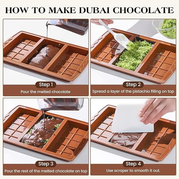 Denna chokladform inkluderar den djupa Dubai chokladformen, samt en skrapa och en påse, BPA-fri, brun