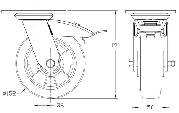 152 mm 6" hjul, sort gummi, drejelig og med bremse, stærk kapacitet på 1320 kg, sæt med 4 stk.