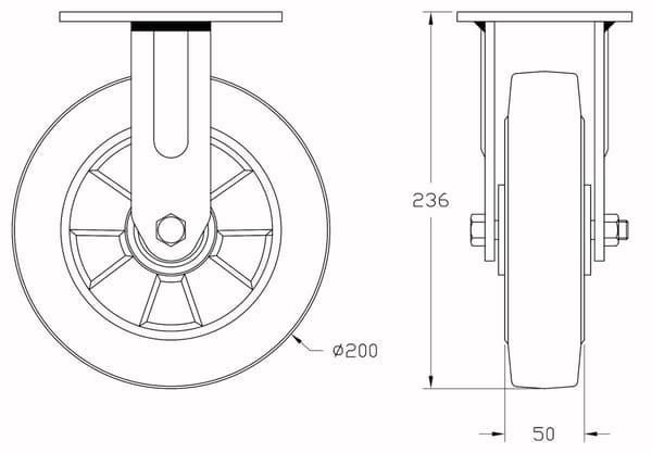 200 mm 8" hjul med sort gummibremse og fast, stærk kapacitet på 1800 kg, sæt med 4 stk.