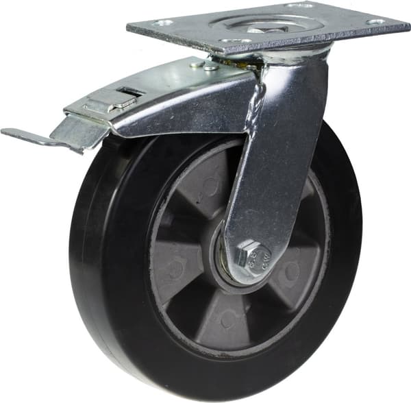 200 mm 8" hjul, sort gummi, drejelig og med bremse, stærk kapacitet på 1800 kg, sæt med 4 stk.