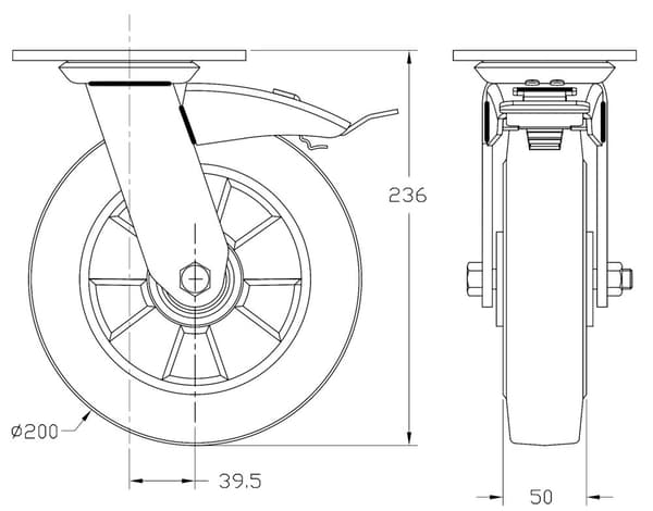 200 mm 8" hjul, sort gummi, drejelig og med bremse, stærk kapacitet på 1800 kg, sæt med 4 stk.