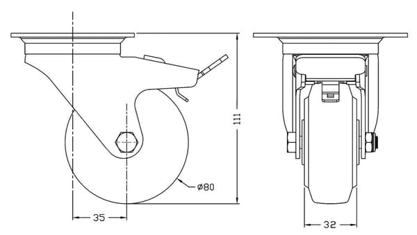 80 mm 3" hjul med blå gummibremse og fast, stærk kapacitet på 560 kg, sæt med 4 stk.