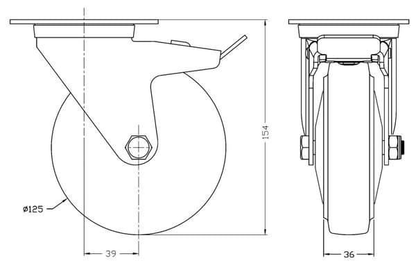 125 mm 5" hjul, blå gummisvirvel med bremse, stærk kapacitet på 400 kg, sæt med 2 stk.
