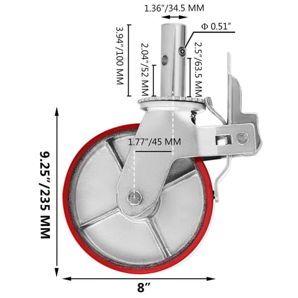 4st 8"x2" 1100 lbs lastkapacitet 360° svängbara hjul i polyuretan med broms, robust konstruktion, lätt att använda, bred applikation