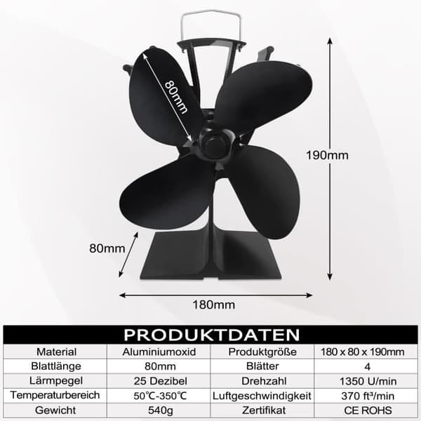 XMTECH 4 Blade Heat Spis Fläkt Tyst Värmedriven Fläkt för vedträ Eldstad Brännare