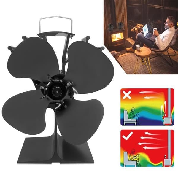 YUENFONG Vedfan med 4 blad tyst automatisk fläkt för vedspis och öppenspis