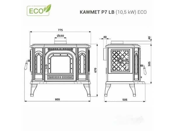 Takka P7 10,5 kW valurautatakka  lisäovi on vasemmalla