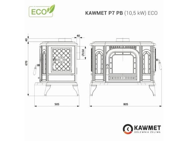 Takka P7 10,5 kW valurautatakka, lisäovi on oikealla