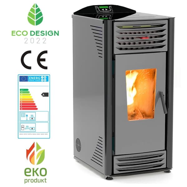 Modern Pelletkamin 8kW - Stilren svart design - Minimal askproduktion