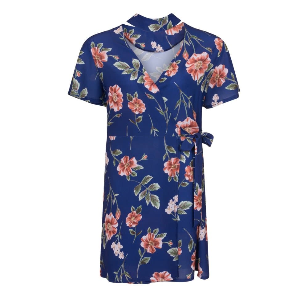 Girls On Film Curvy Womens/Ladies marinblå rosenprintad omlottklänning