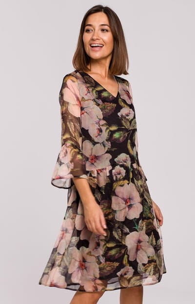 S214 / 3 Kjole, Sort-mønster, 2XL