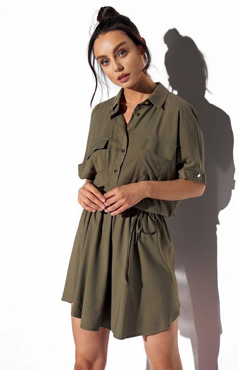 Shirt klänning med knappar L338, khaki, L